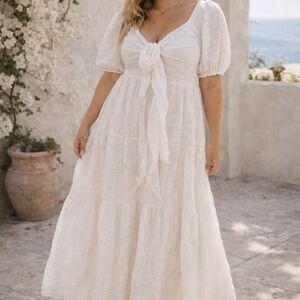 NWT Lulu's White Cottagecore Maxi Dress Puff Sleeve Tie Front Boho Resort